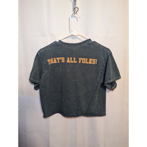 LOONEY TUNES Medium Crop TOP BUGS BUNNY TWEETY DAFFY T-Shirt Raw Hem Green - Picture 5 of 11